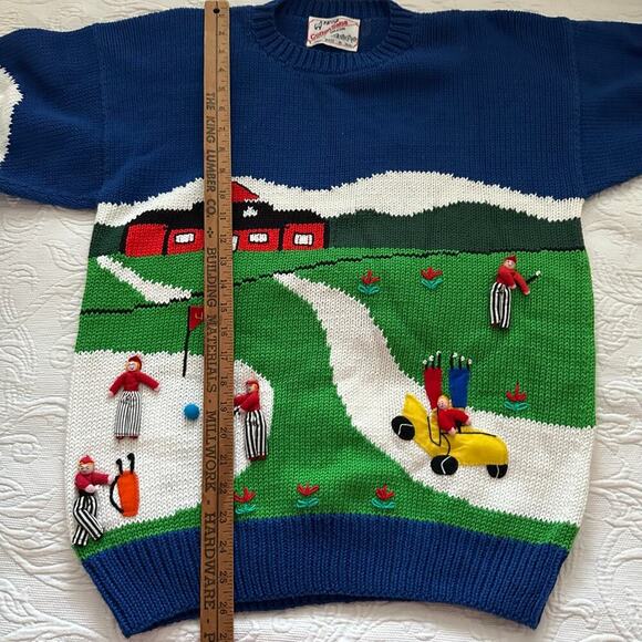 Vintage Rare Cotton Salsa Blue & Green handmade Golf chunky Sweater Size M - Picture 8 of 8
